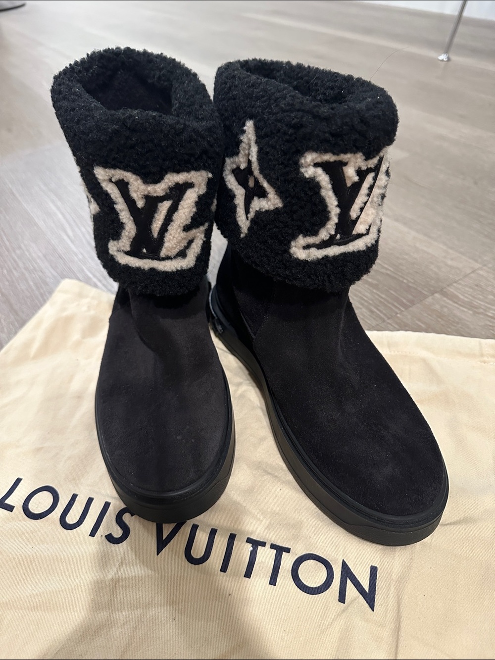 Louis Vuitton Black Suede Shearling Cuff Logo Boots